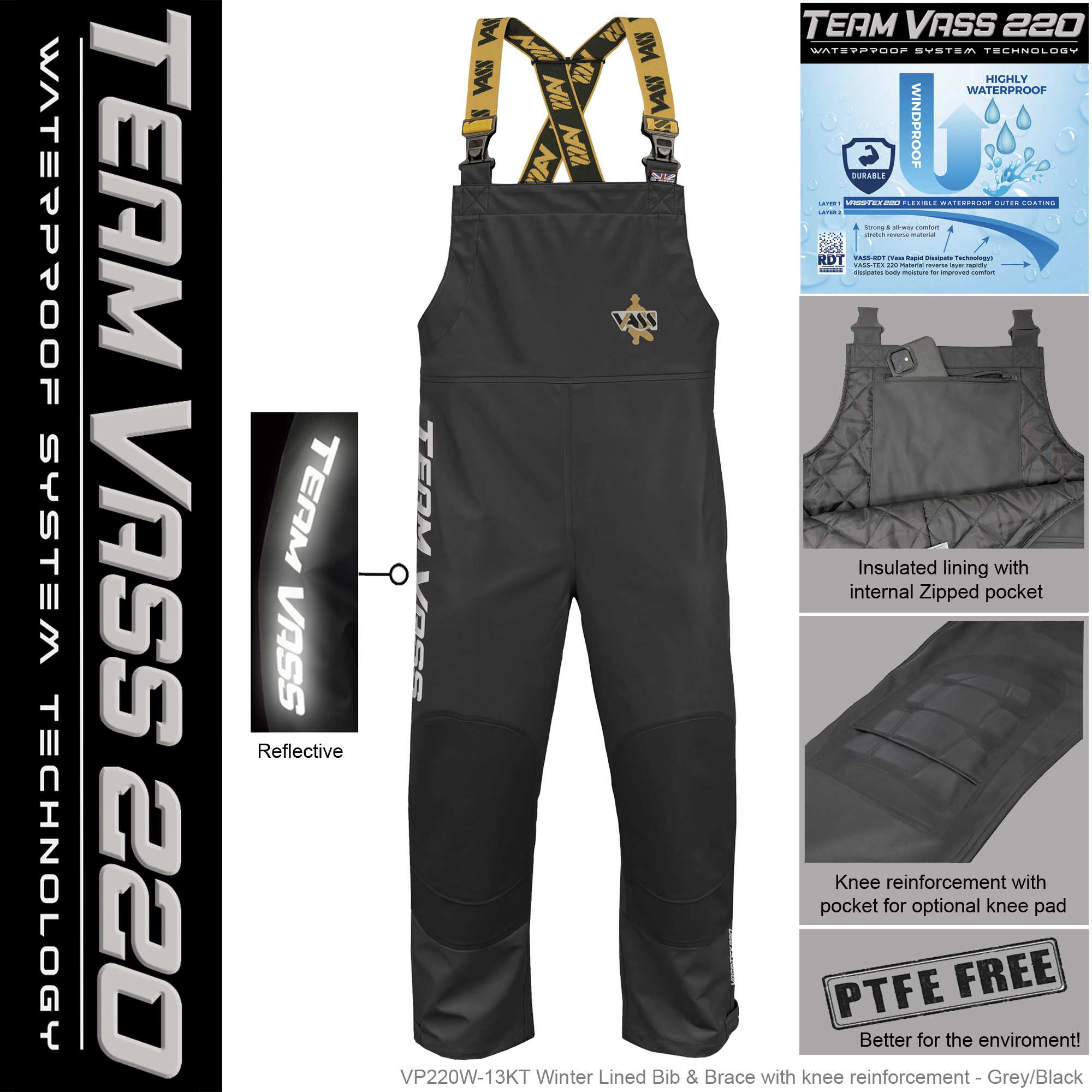 Team Vass 220 Winter Lined Bib & Brace - Waterproof - Black Edition